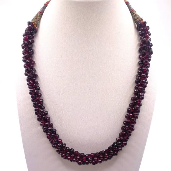 VTG Red Carved Garnet Gems Beads Woven Rope Cord 27" Bead Necklace Adjustable - Picture 2 of 6